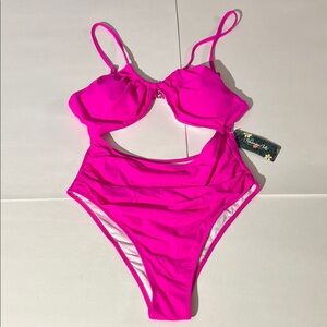 Blooming Jelly One Piece Bathing Suit Swimwear Beach Vacation Neon Pink Large